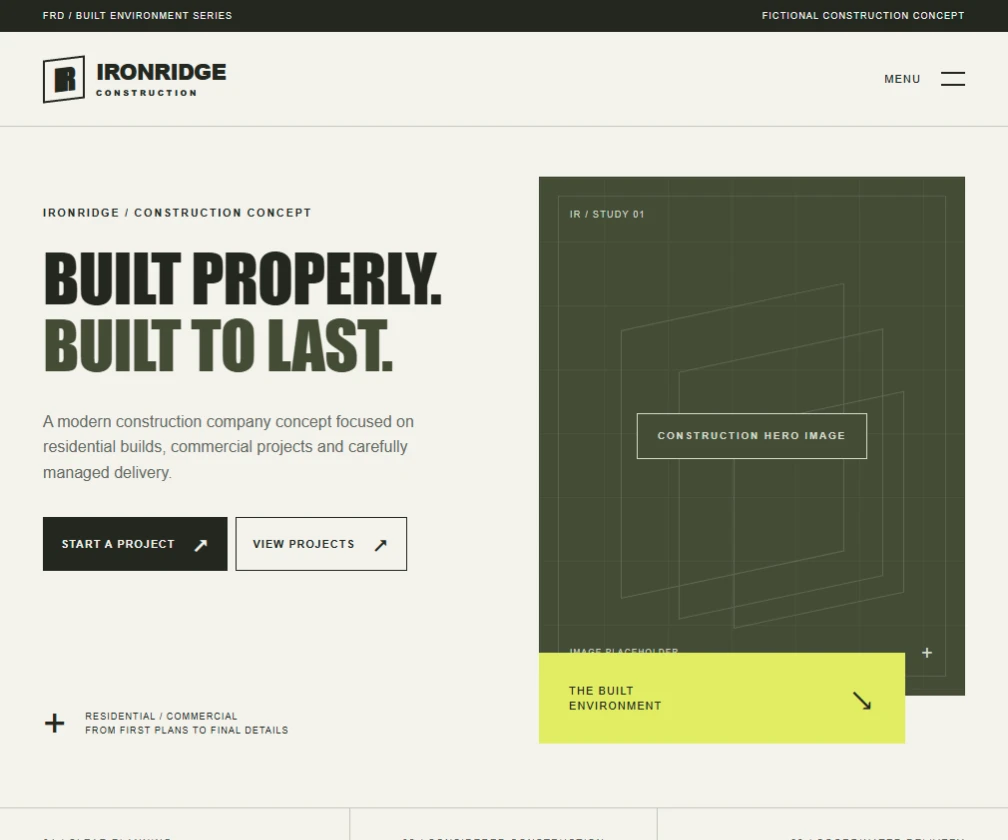Ironridge Construction concept website homepage preview